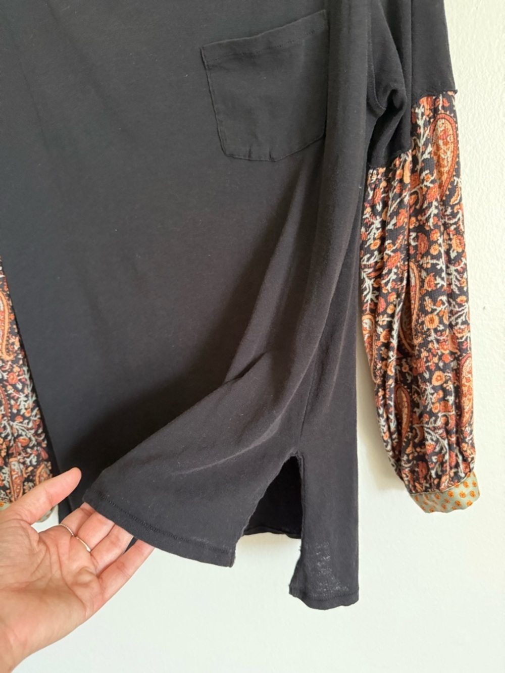 We The Free Black Jade Long Sleeve Top Faux Layered Paisley Sleeves Oversized S - Picture 6 of 8